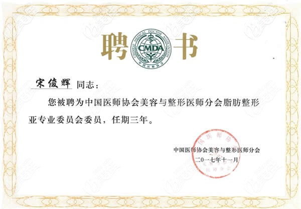 宋俊辉医生获得的荣誉证书