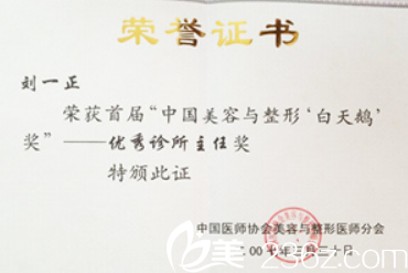 安徽安庆市亚星医疗美容门诊部院长刘一正获得美容与整形“白天鹅奖”的奖状